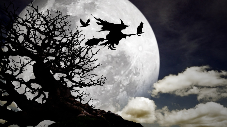 A witch flies through the night