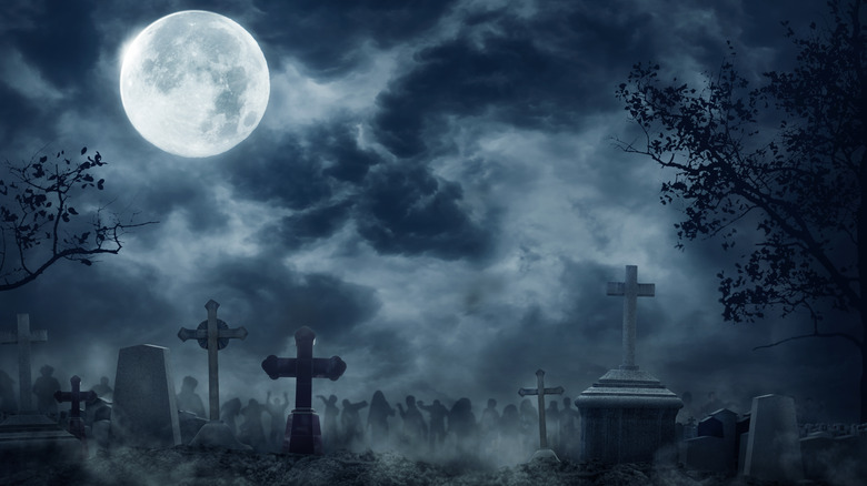 A nighttime graveyard scene