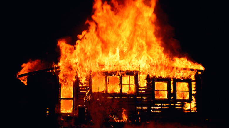 Burning house at night