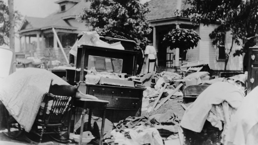 Furniture and belongings in Tulsa street during race riot of May 31 - June 1, 1921.