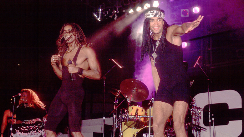 Milli Vanilli performing on stage in Chicago in 1989