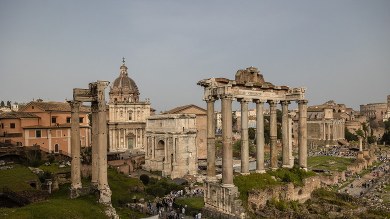 A shot of Rome with ruins in foreground