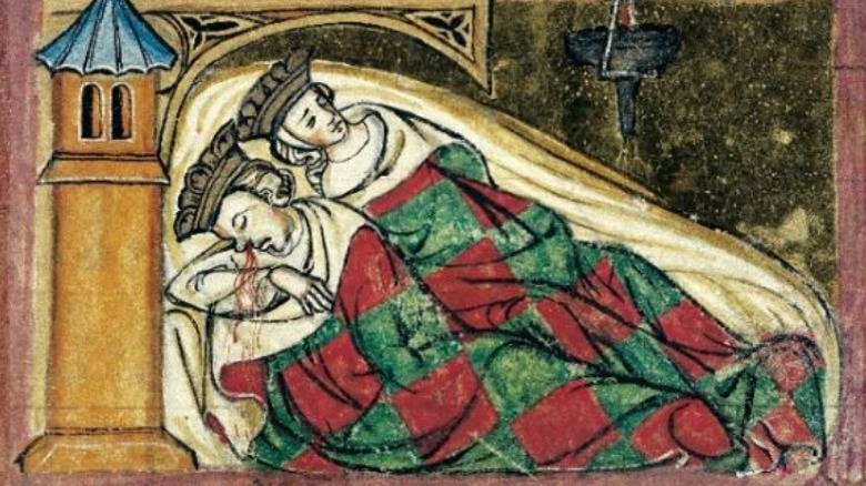 Death of King Attila the Hun (c. 406-453). Illuminated manuscript page from the Saxon World Chronicle