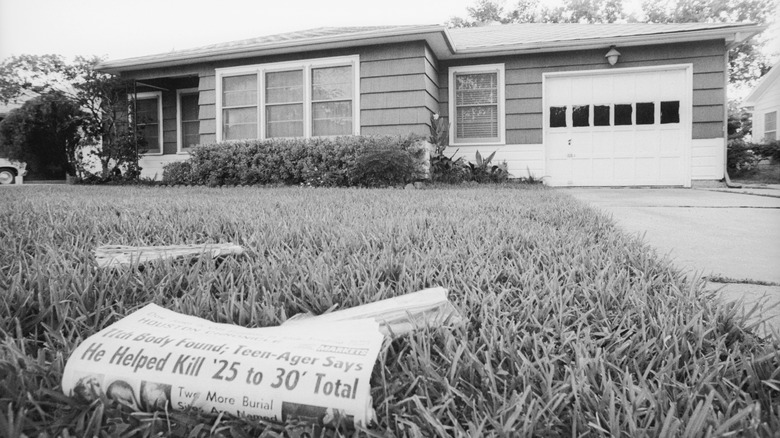 newspaper on lawn with headline describing Corll murders