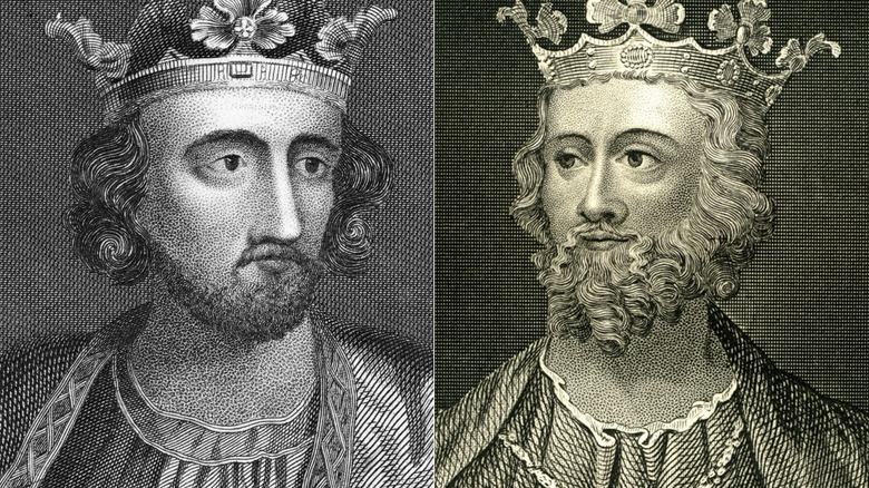 Split image of etchings of Edward I and Edward II wearing the same crown