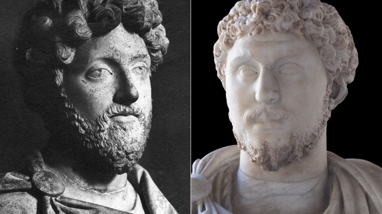 Split image of busts of Emperors Marcus Aurelius and Commodus