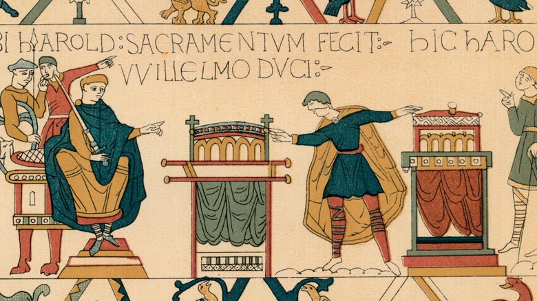 Harold II swear fealty to William the Conqueror in a depiction of the Bayou Tapestry