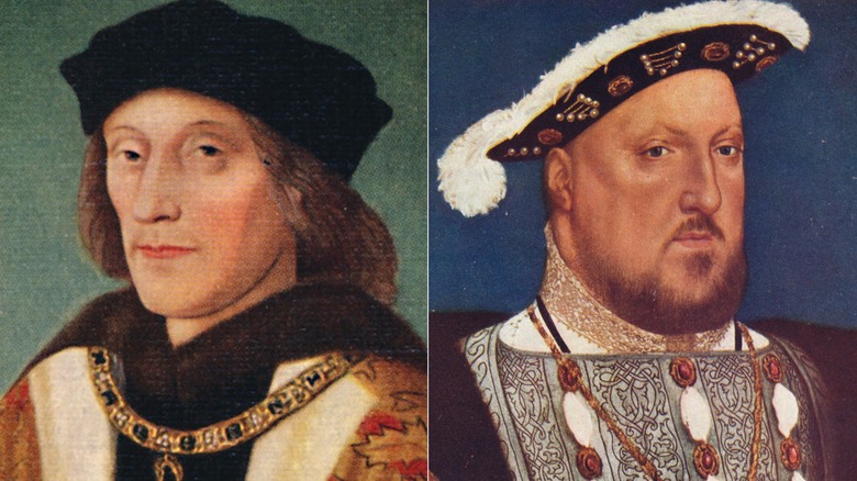 Split image of portraits of Henry VII and Henry VIII wearing hats