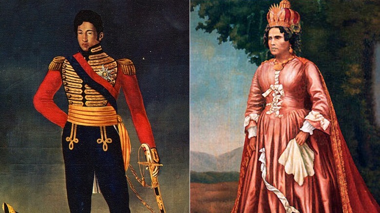 Split image of full-length portraits of Radama I and Ranavalona I in Western dress