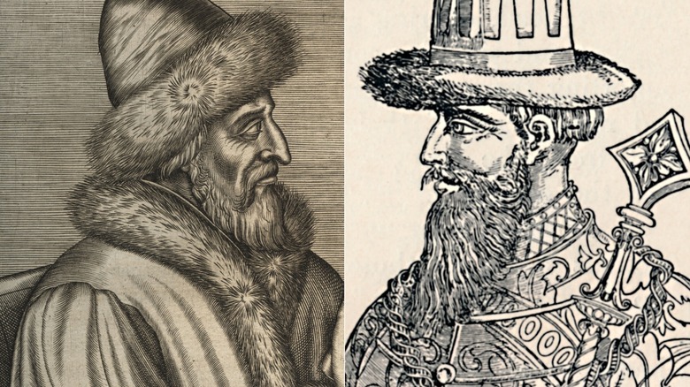 Split image of drawings of Vasili III and Ivan IV in fur hats