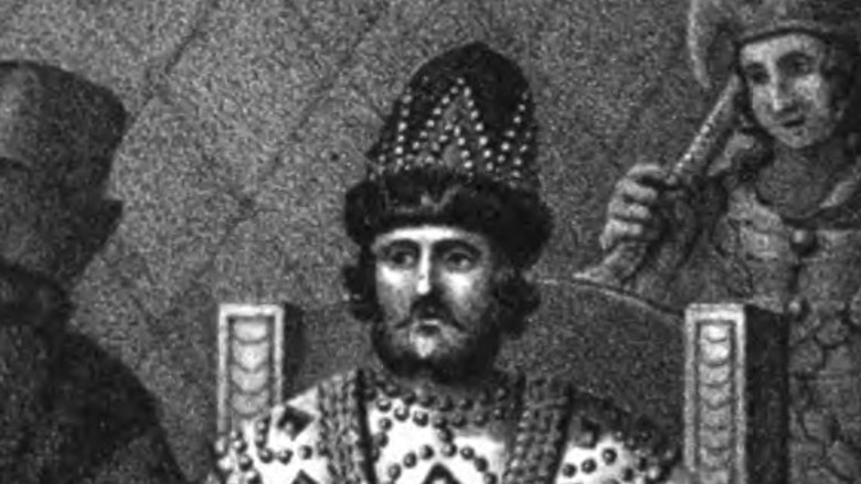 ink drawing of Vasili III, sitting on throne