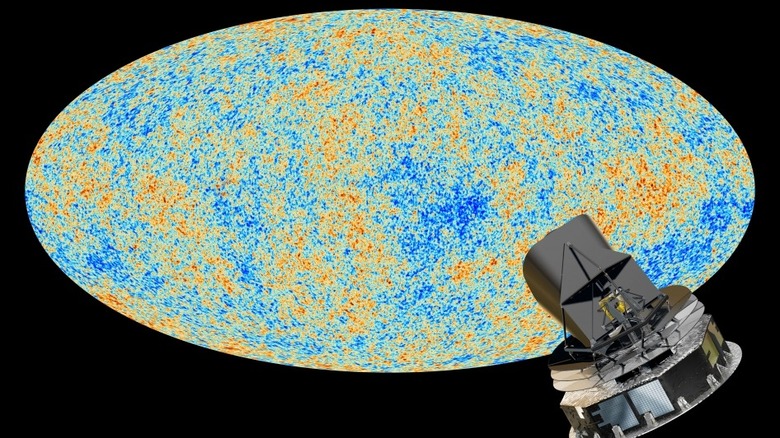 ESA's Planck spacecraft against a map of the cosmic microwave background