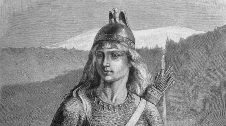 The engraving shows a woman with a helmet, a bow and a quiver. It is Skaði from Norse mythology.