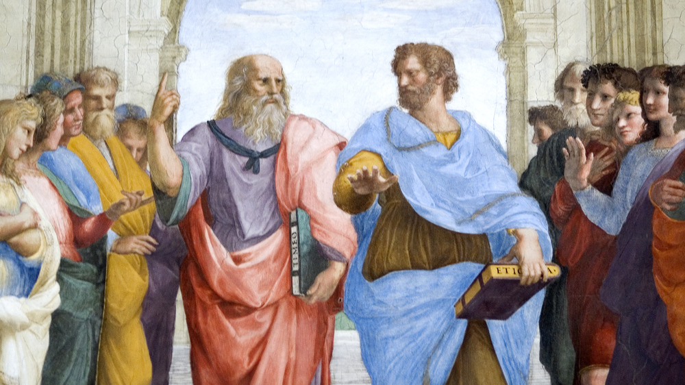 A photograph of Raphael's famous painting of the Greek philosophers Plato and Aristotle