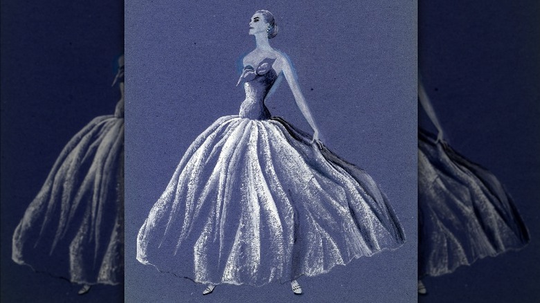 Woman in strapless ballgown, circa 1952. Fashion illustration