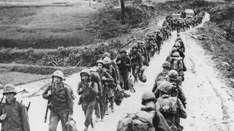 U.S. soldiers marching in two columns