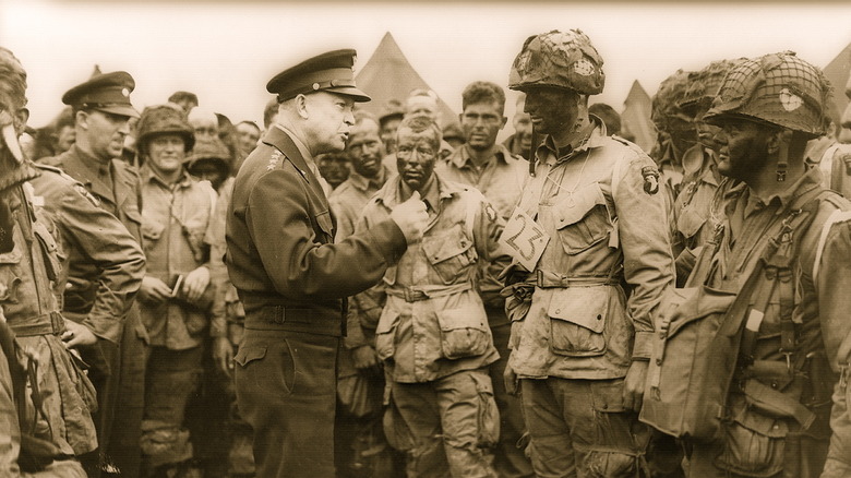 General Eisenhower greets troops of the 101st Airborne prior to dispatch for D-Day