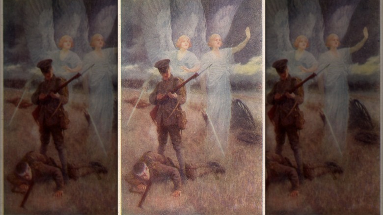 A postcard depicting the famous myth of divine intervention by angels on the battlefield at Mons, Belgium