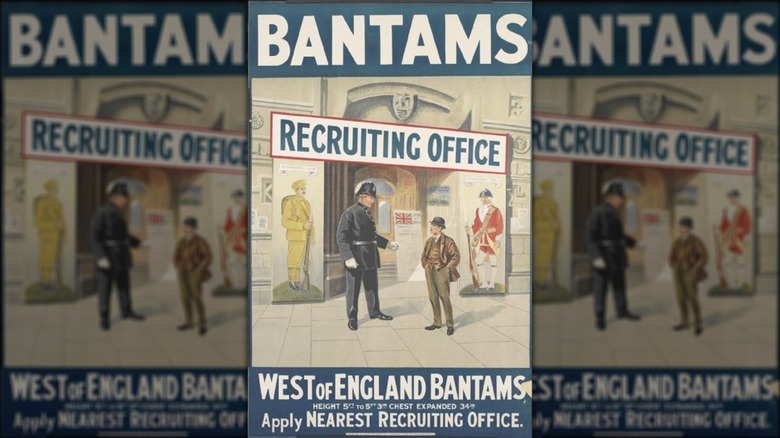 Bantam recruiting poster for British Army showing short-statured man in front of recruiting office.