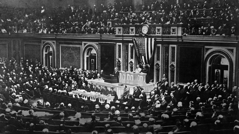 Woodrow Wilson asks Congress to send troops to fight Germany, April 2, 1917.