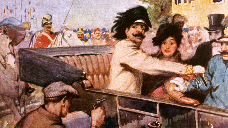 Illustration of assassination of Archduke Franz Ferdinand and wife, Sophie