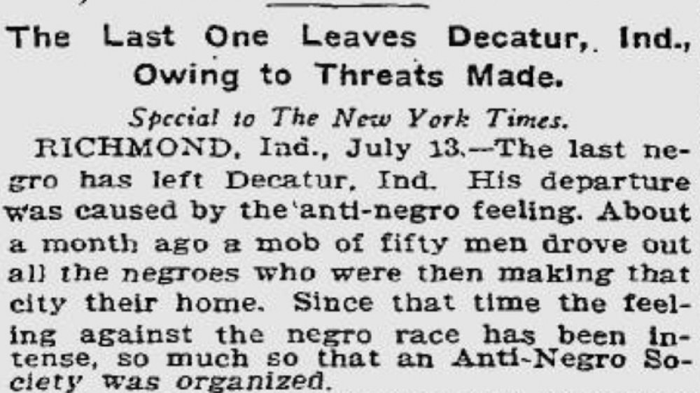 902 New York Times article detailing the last Black man to be forcefully driven out of Decatur, Indiana.