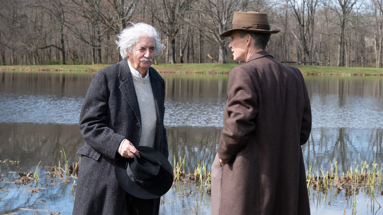 Albert Einstein talking to Oppenheimer