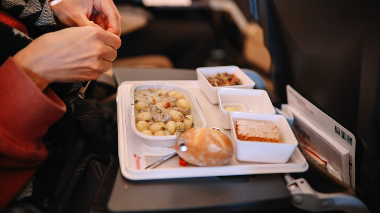 woman with airplane food tray