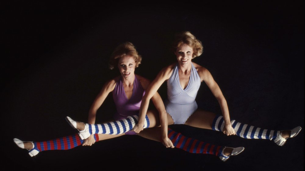 Two women wearing leg warmers in the 1980s
