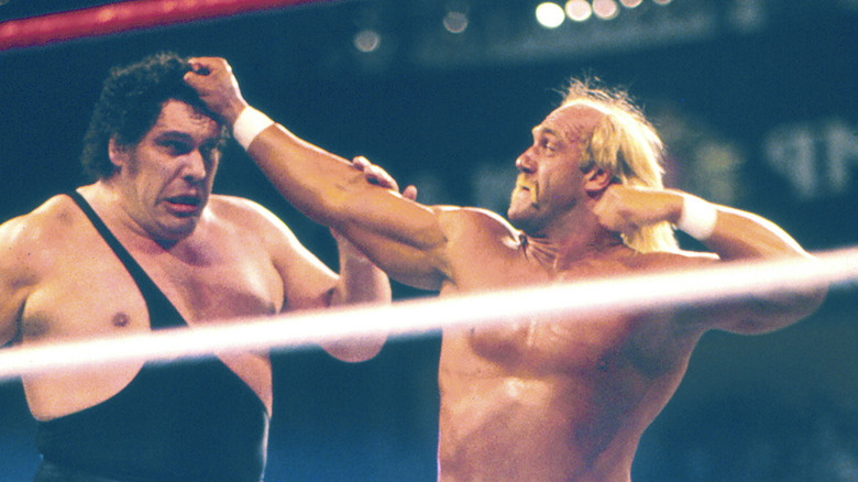 Hulk Hogan aiming a punch at Andre the Giant at WrestleMania