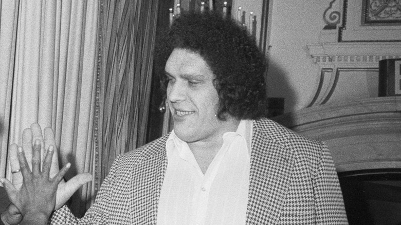 Andre the Giant smiling and putting his hand on Muhammad Ali's hand