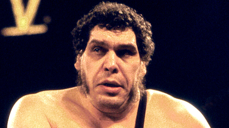 Andre the Giant holding onto the ropes and looking to the side at WrestleMania V