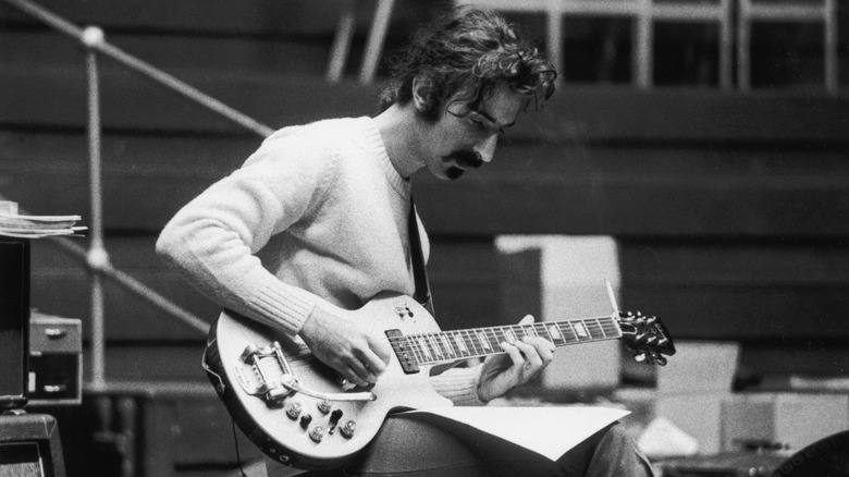 Frank Zappa sitting with his guitar