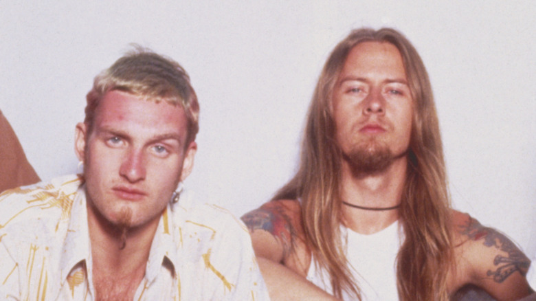 layne staley and jerry cantrell looking tough staring into camera in alice in chains publicity photo