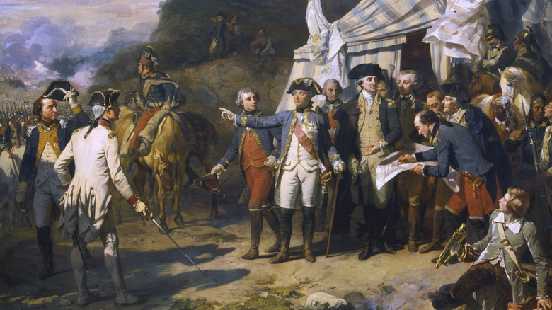 Siege of Yorktown. General Rochambeau and general Washington give last orders before an attack, October 1781