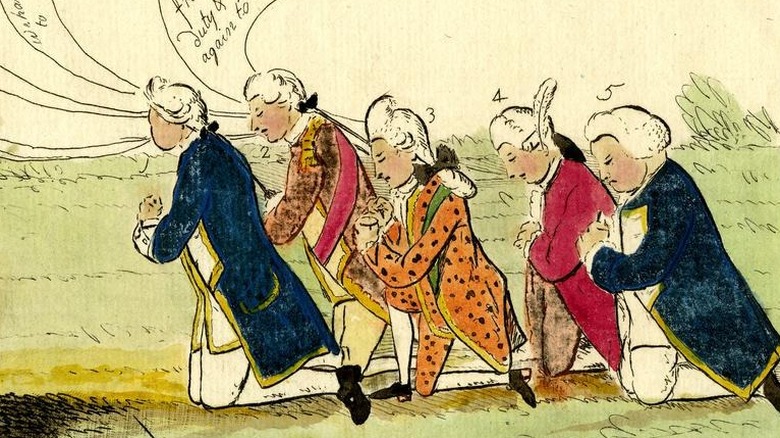 Satirical 1778 illustration of Carlisle Commission members kneeling before personification of America