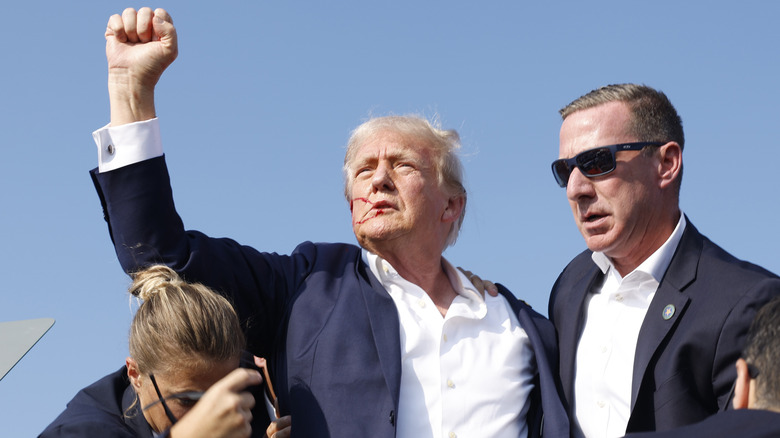 Donald Trump raising fist after being shot