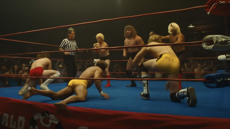 The Von Erichs fighting the Freebirds in ring