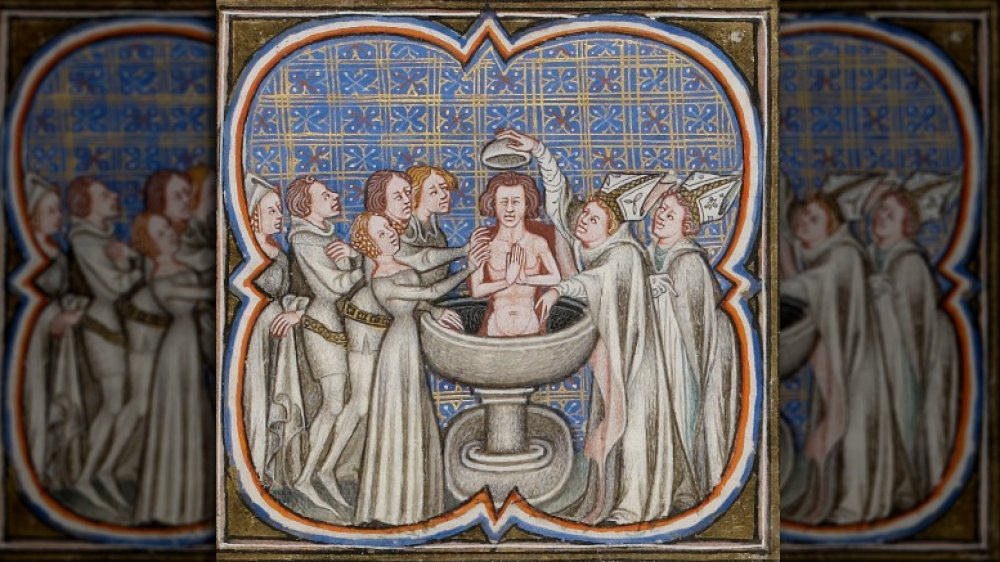 15th century miniature showing the baptism of Rollo of Normandy, a Viking raider who reportedly converted to Christianity in 912 CE