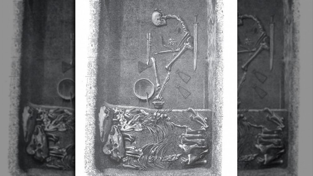 Sketch of archaeological grave found and labelled "Bj581" by Hjalmar Stolpe in Birka, Sweden. Published 1889