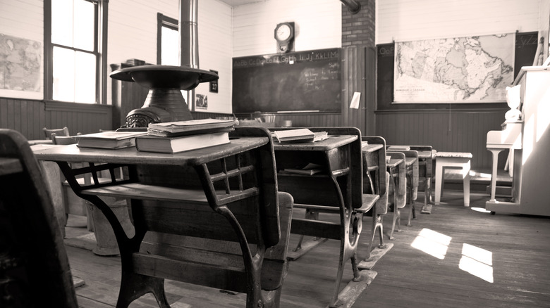 Vintage school room desks black and white