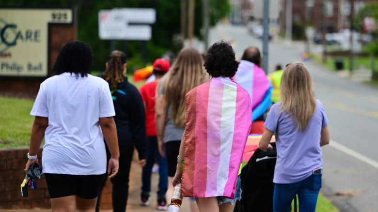 2021 Pride march attendees with lesbian flag, Burlington, North Carolina