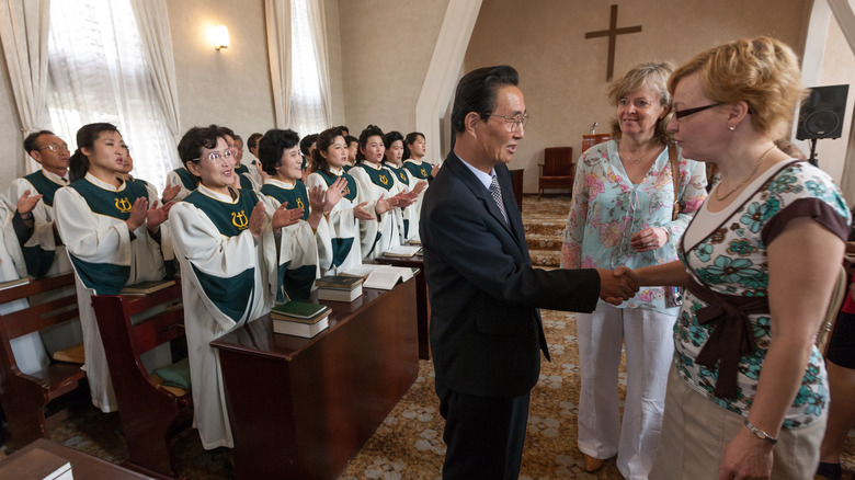 Tourists visiting a North Korean church