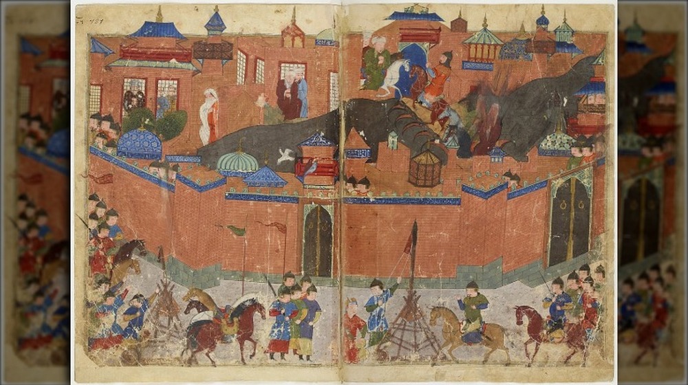 painting of mongol siege of baghdad with attack on building