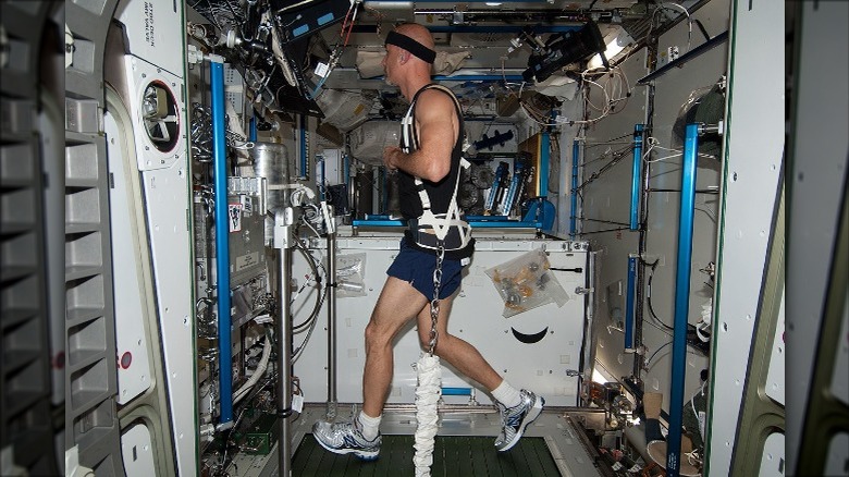 European Space Agency astronaut Luca Parmitano exercises on the ISS.