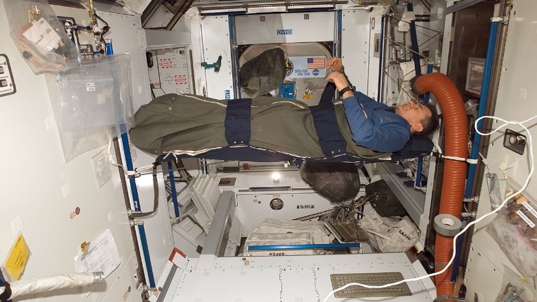 astronaut Paolo Nespoli rests in his sleeping bag on the ISS