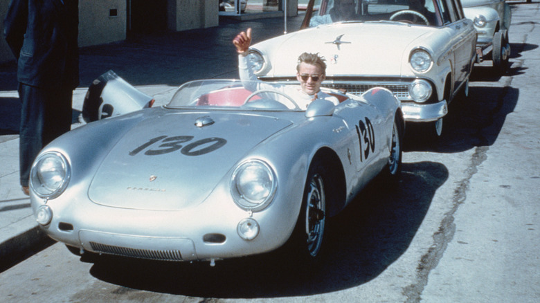 James Dean driving Spyder sports car