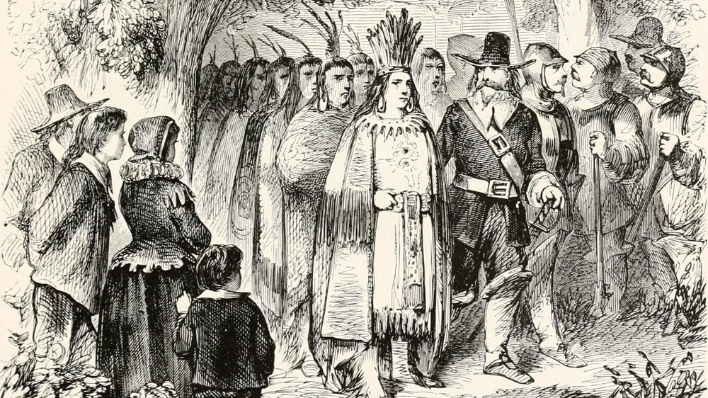 Massasoit meeting with Puritans, 1919 illustration