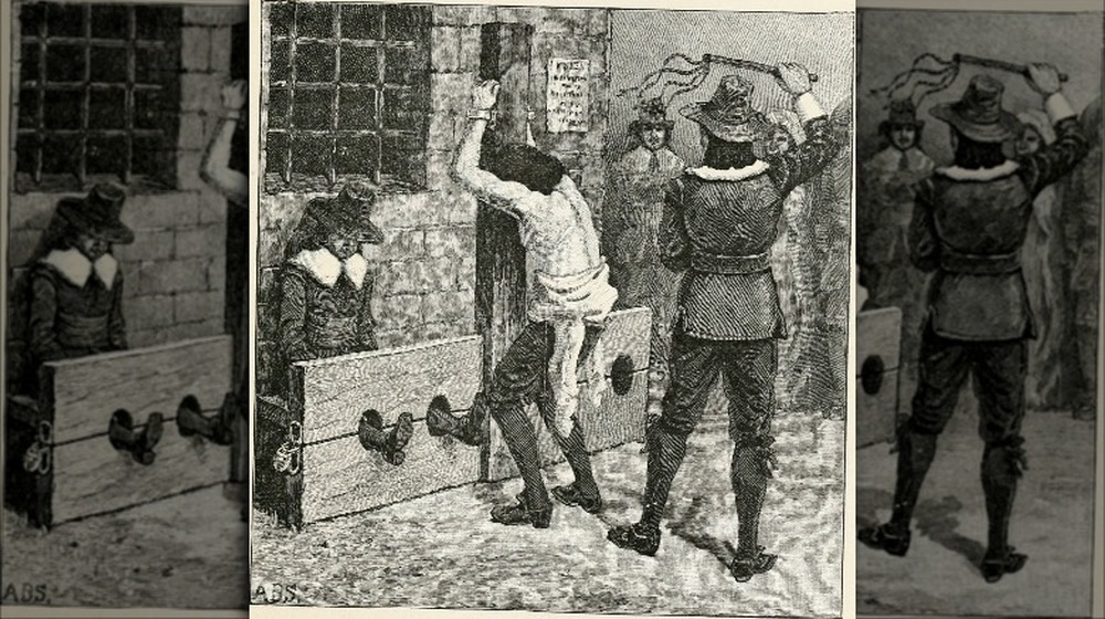 Puritans persecuting Quakers, one in stocks