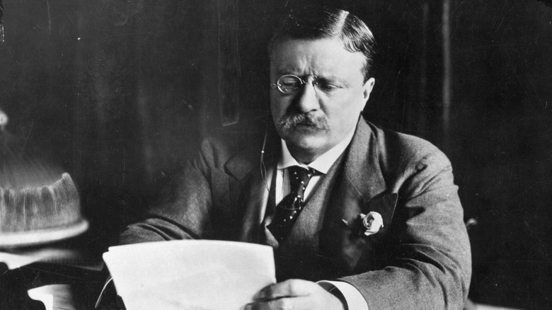 Teddy roosevelt at desk reading document